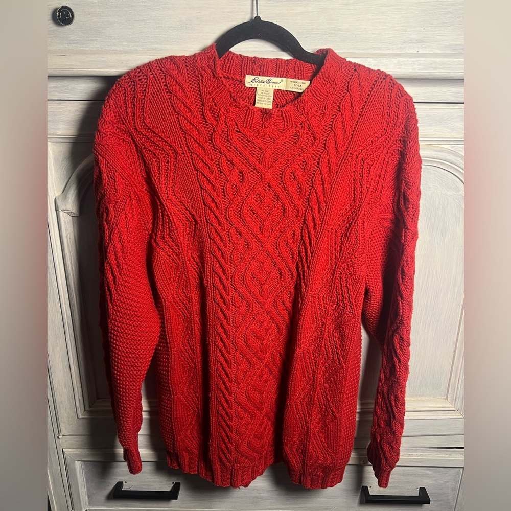 Vintage Eddie Bauer Red‎ Oversized Crewneck Chunky Aran Knit Grandpa Sweater